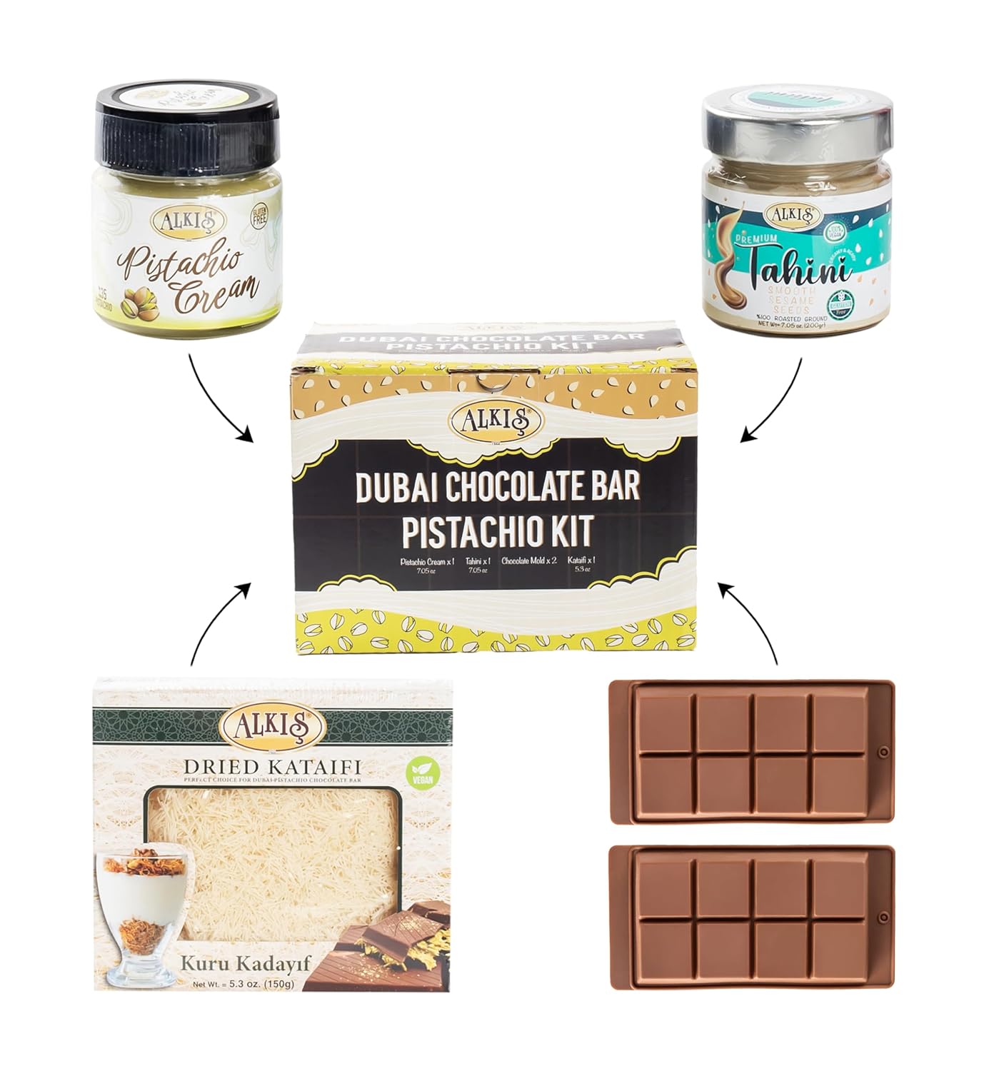 Alkis Dubai Chocolate Bar Pistachio Kit (Does Not Contain Chocolate) Bundle with 4 items : Pistachio Cream, Kataifi, Tahini, Silicone Chocolate Bar Molds (Makes 4 Bars)