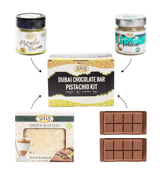 Alkis Dubai Chocolate Bar Pistachio Kit (Does Not Contain Chocolate) Bundle with 4 items : Pistachio Cream, Kataifi, Tahini, Silicone Chocolate Bar Molds (Makes 4 Bars)