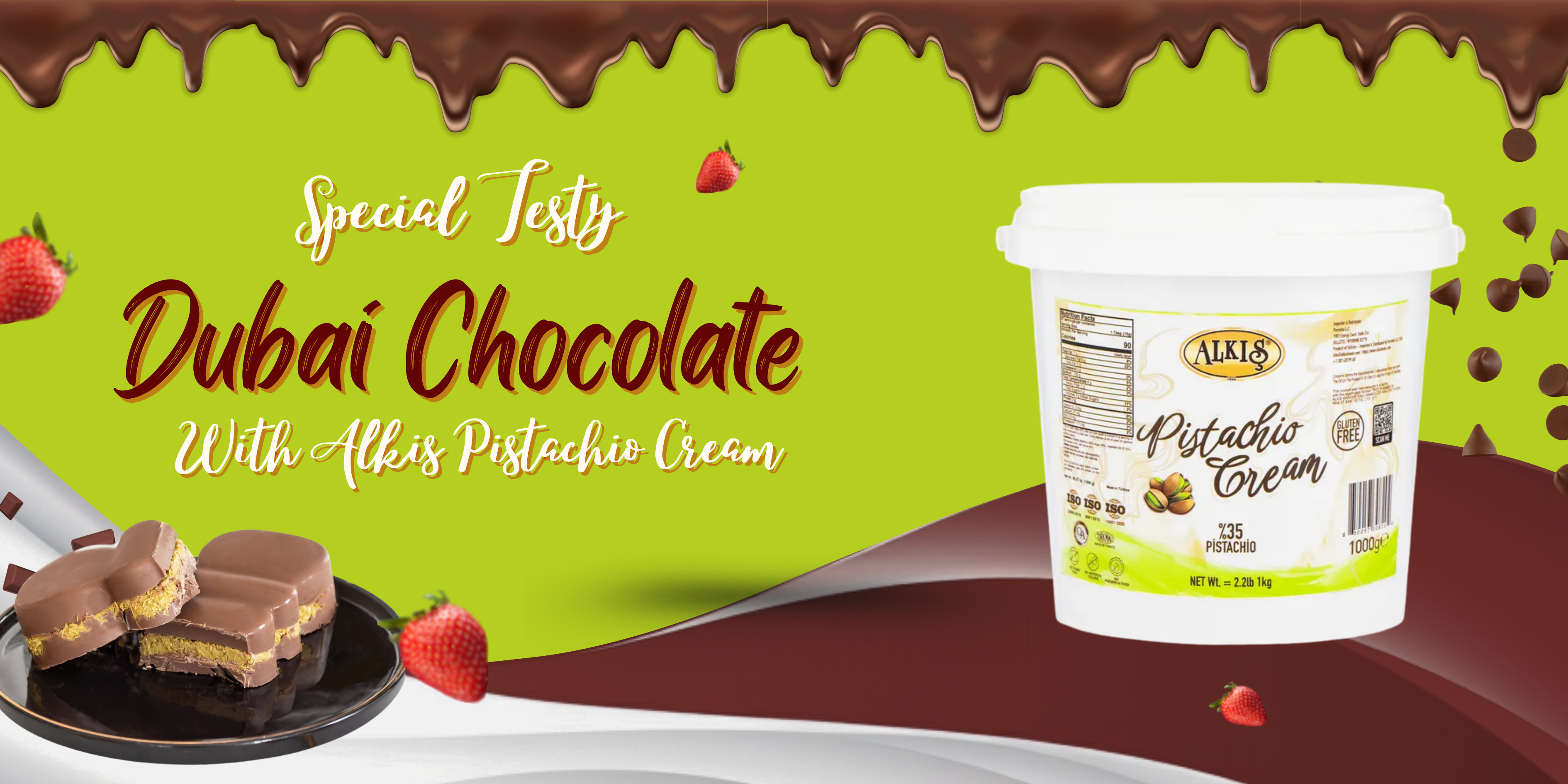 Container of Dubai Chocolate with Pistachio Cream on a green and brown background