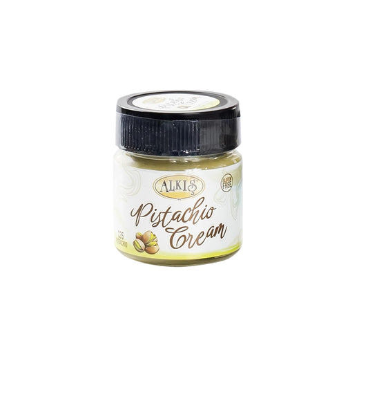 Jar of pistachio cream with a black lid on a white background