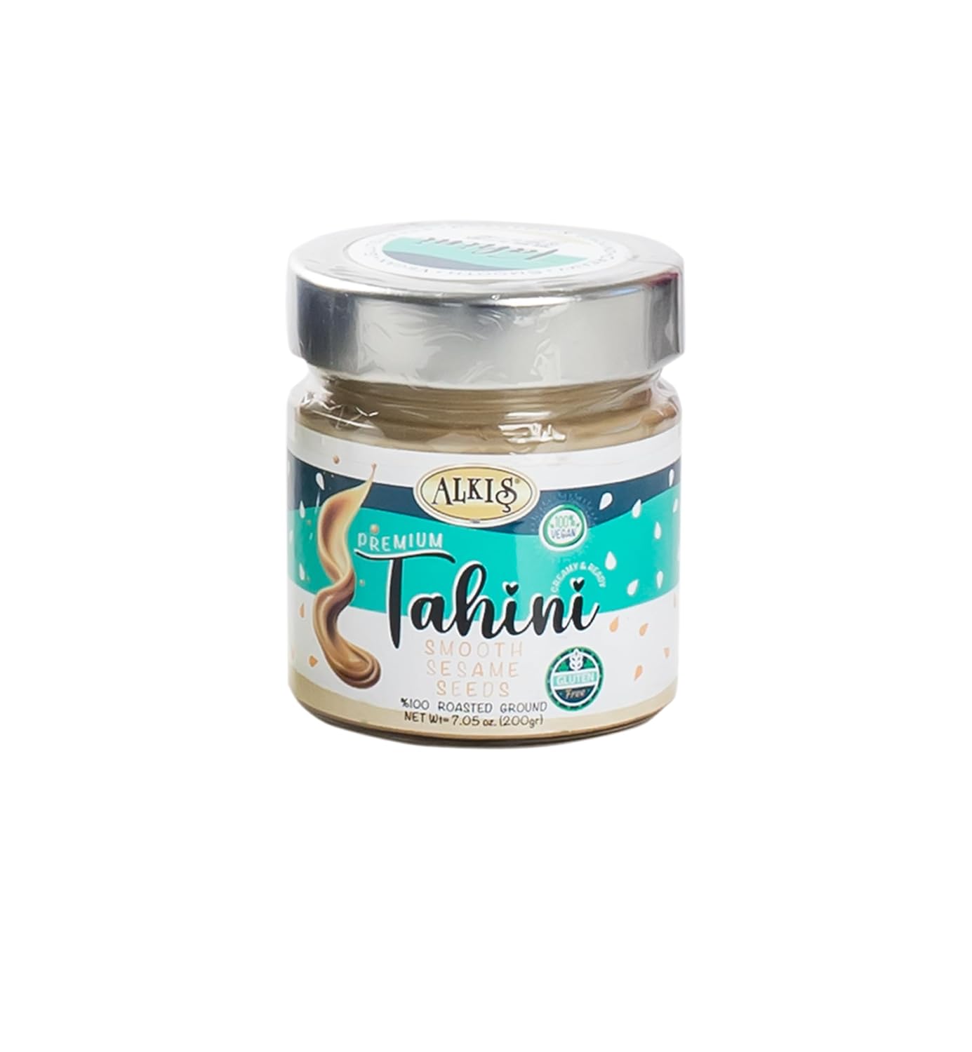 Jar of Alkis Tahini on a white background