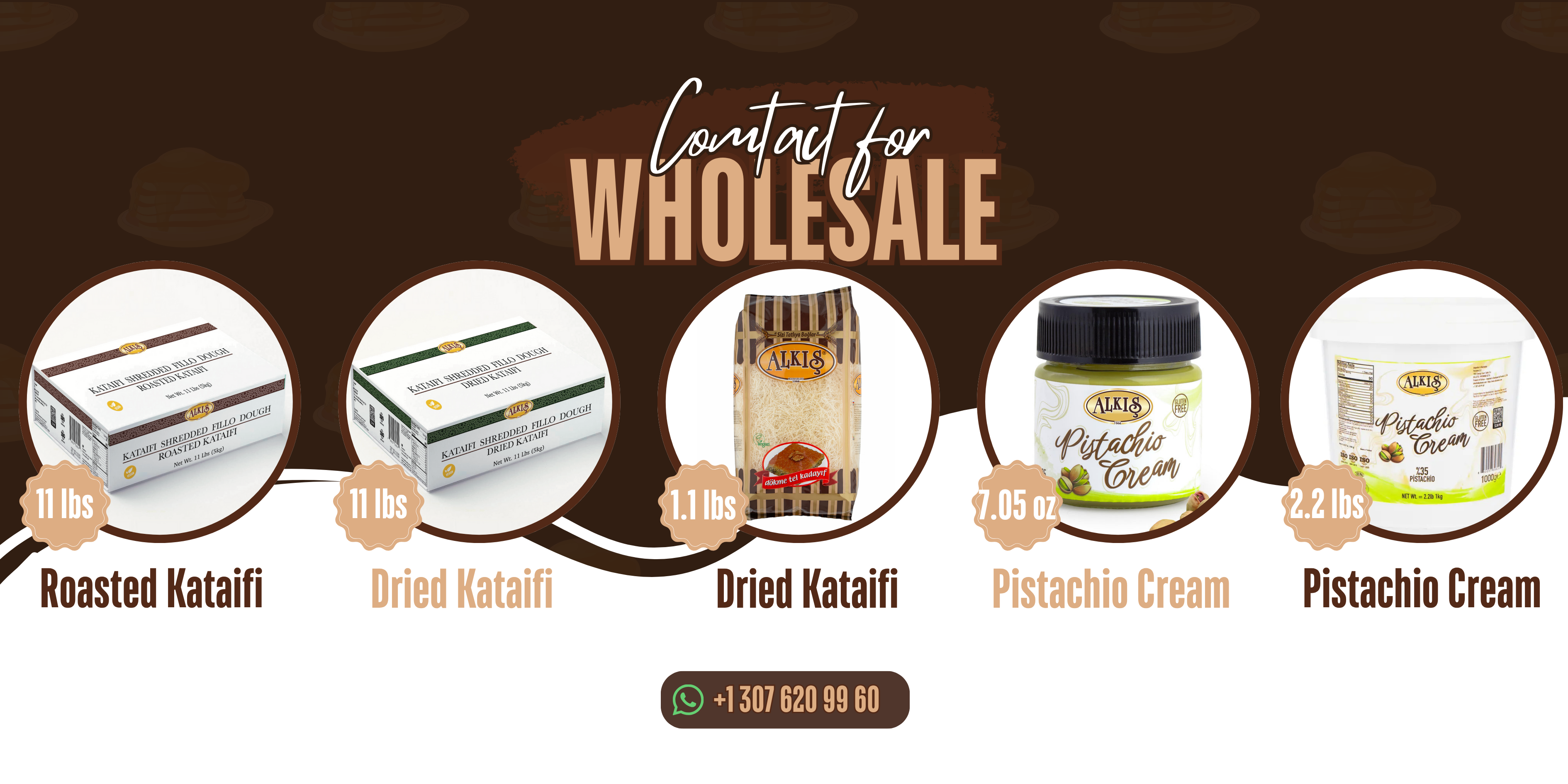Promotional wholesale kataifi and pistachio cream with images of packaging and text on a brown background.