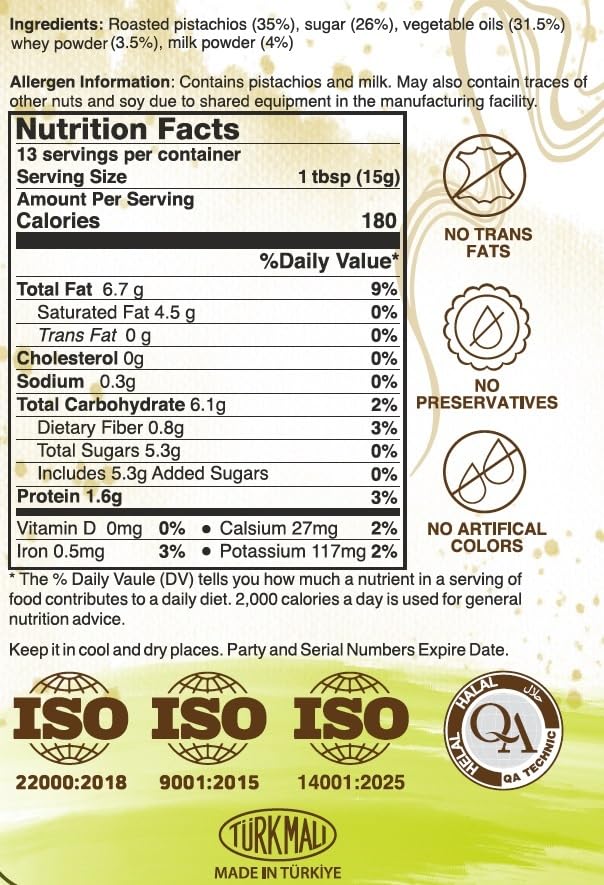 Pistachio Cream Nutrition Facts on a label