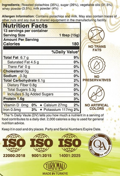 Pistachio Cream Nutrition Facts on a label
