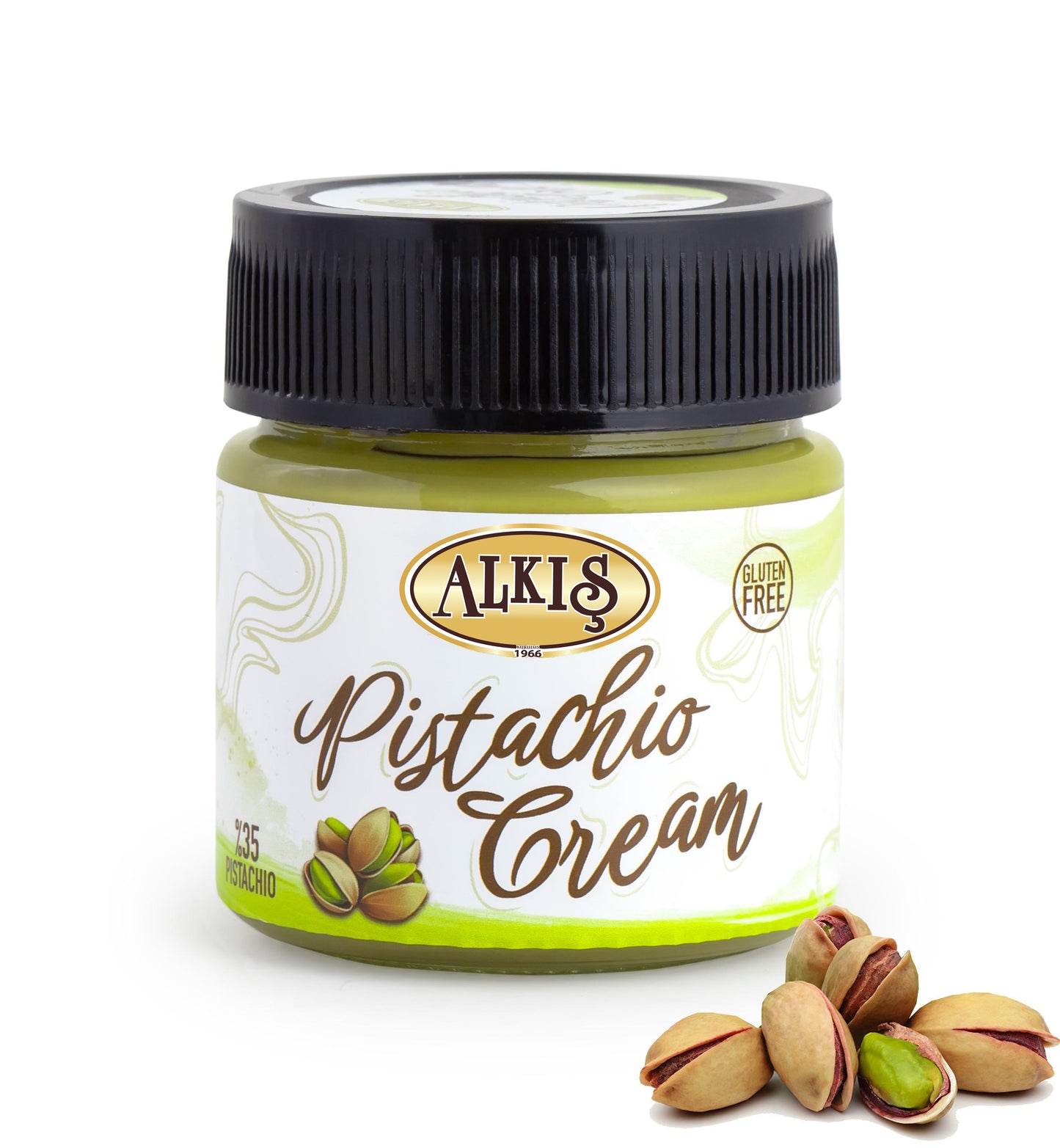 Glass jar of Alkis Pistachio Cream with a black lid, the label shows the brand name, product name, and some pistachio nuts in the foreground.